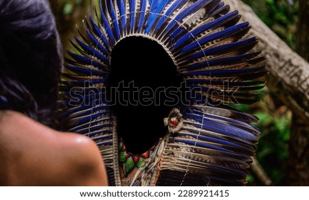 indigenous ritual in the forest, indigenous spiritual ritual, shaman with black face, shaman with blue headdress in the forest,  Indian day, 
xingu, yanomami, indians day
