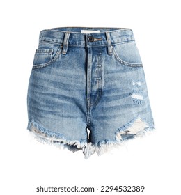 Indigo Color Ripped High Waist Denim Mom Shorts with Shredded Details Isolated on White. Girl's High-Rise Cuffed Waist Shorts. Women's Soft Faded Nonstretch Jeans Denim. Front View Clothing Apparel