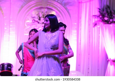 Indina girl dancing in musical night also called as sangeet sandhya in Indian weddings. Vadodara, Gujarat, India- December 21th 2018