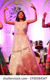 Indina girl dancing in musical night also called as sangeet sandhya in Indian weddings. Vadodara, Gujarat, India- December 21th 2018