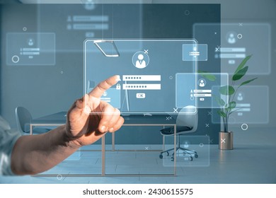 An individual interacts with a high-tech holographic interface in a modern office setting, depicting advanced technology and user interface