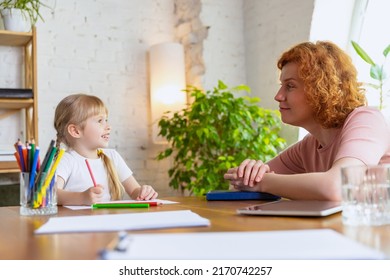 Individual Lesson In Center Of Early Development Of Children. Professional Female Therapist Communicate With Child During Extracurricular Activities. Concept Of Support, Studying, Childhood, Emotions