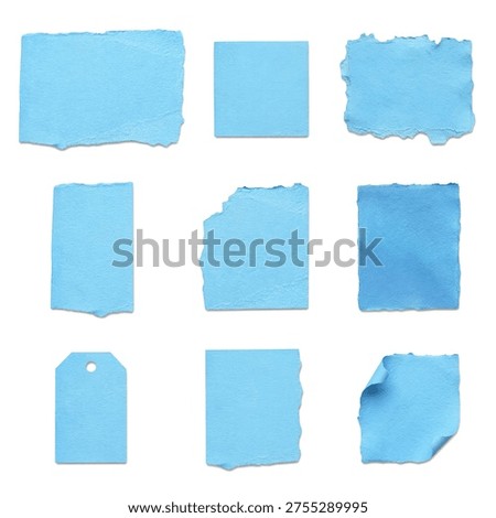 Individual light blue paper elements. Unique torn edges, rich textures. White background. Scrapbooking, digital art, graphic design.