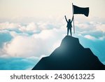 An individual with an outstretched arm holds a flag on the summit of a mountain above the clouds, denoting success and conquest
