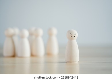 Individuality. Unique. Introvert Person. Smiling Figure Among Many Crowd. Person Who Happy And Enjoy By Solitude, Spent Time Alone. Human Development. Psychology Personality Concept.