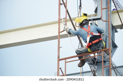 Indonesia, December 11, 2021. Construction Workers Are Installing A Steel Frame With Body Safety Devices In Pohuwato Regency. Gorontalo Province.                               