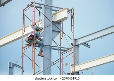 Indonesia, December 11, 2021. Construction Workers Are Installing A Steel Frame With Body Safety Devices In Pohuwato Regency. Gorontalo Province.                               