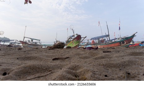 Indonesia Fisherman Boats Docked Parked On The Beach Shore Coast Low Angle