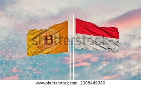 indonesia flag and Bitcoin Flag waving over blue sky

