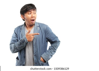 Indonesia Man Shocked Pointing Finger Blank Space