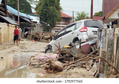 
INDONESIA, MASAMBA, 15 JULY 2020: The impact of the flash floods that hit Radda and Masamba, North Luwu Regency, South Sulawesi Province, Indonesia. Thousands of people fled, and lost their homes. A 
