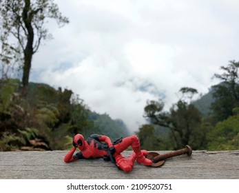 Indonesia - November 12, 2018 : Mini toys (deadpool) on top of the wood with blurred green tree and white sky as a background.