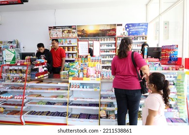 Indonesia - Oct 8, 2022 : People Queuing To Pay At The Supermarket