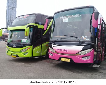 Indonesia, October 27,2020, A Tourist Bus Parked In The Courtyard Of The Jakarta International Expo