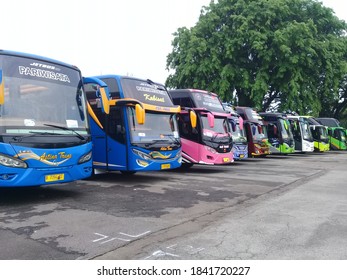 Indonesia, October 27,2020, A Tourist Bus Parked In The Courtyard Of The Jakarta International Expo