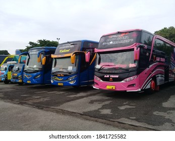 Indonesia, October 27,2020, A Tourist Bus Parked In The Courtyard Of The Jakarta International Expo