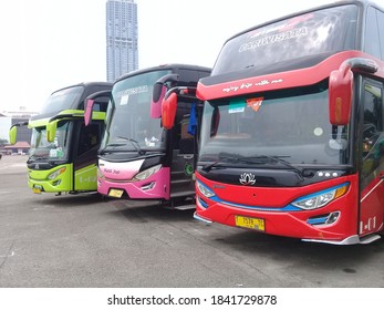 Indonesia, October 27,2020, A Tourist Bus Parked In The Courtyard Of The Jakarta International Expo With Selective Focus