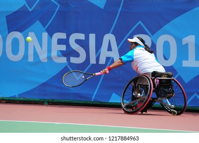 INDONESIA, October 6-13, 2018 : Athlete From Thailand In Action During WHEELCHAIR TENNIS Asian Para Games 2018 At JAKARTA, INDONESIA