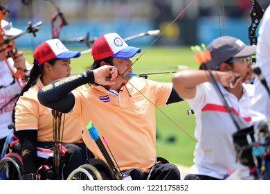 INDONESIA, October 6-13, 2018 : Athlete From Thailand In Action During Para Archery In Asian Para Games 2018 At JAKARTA, INDONESIA