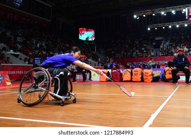 INDONESIA, October 6-13, 2018 : POOKKHAM SUJIRAT From Thailand In Action During Badminton Women's Singles WH1 In Asian Para Games 2018 At JAKARTA, INDONESIA