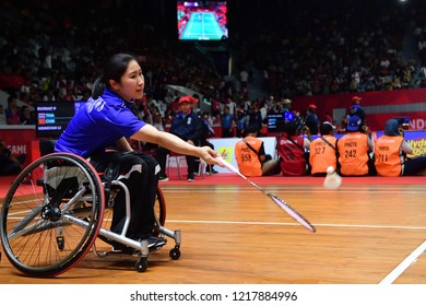 INDONESIA, October 6-13, 2018 : POOKKHAM SUJIRAT From Thailand In Action During Badminton Women's Singles WH1 In Asian Para Games 2018 At JAKARTA, INDONESIA