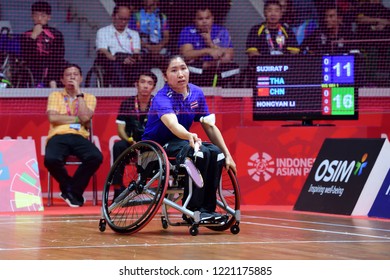 INDONESIA, October 6-13, 2018 : POOKKHAM SUJIRAT From Thailand In Action During Badminton Women's Singles WH1 In Asian Para Games 2018 At JAKARTA, INDONESIA