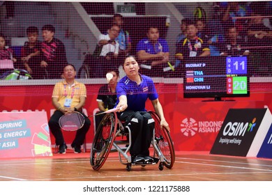 INDONESIA, October 6-13, 2018 : POOKKHAM SUJIRAT From Thailand In Action During Badminton Women's Singles WH1 In Asian Para Games 2018 At JAKARTA, INDONESIA