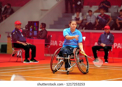 INDONESIA, October 6-13, 2018 : WETWITHAN AMNOUY  From Thailand In Action During Badminton Women's Singles WH2 In Asian Para Games 2018 At JAKARTA, INDONESIA