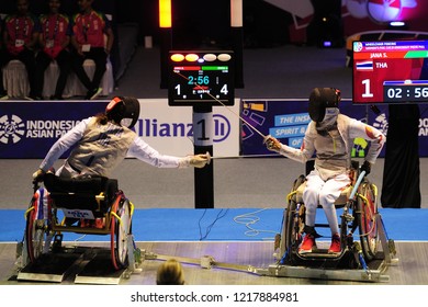 INDONESIA, October 6-13, 2018 : WHEELCHAIR FENCING In Action During Asian Para Games 2018 At JAKARTA, INDONESIA