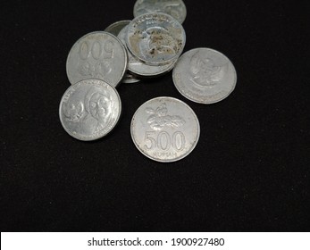 Indonesian currency coins. 500 rupiah. black background