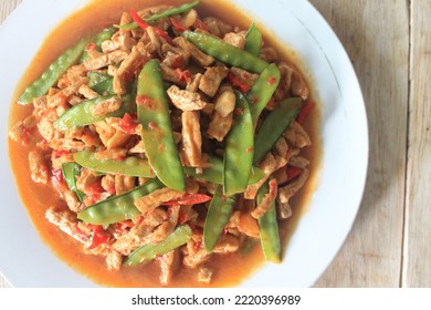 Indonesian Food Called Sambal Goreng Tahu Kapri On Wooden Table

