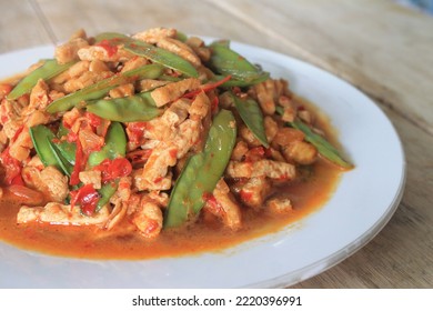 Indonesian Food Called Sambal Goreng Tahu Kapri On Wooden Table

