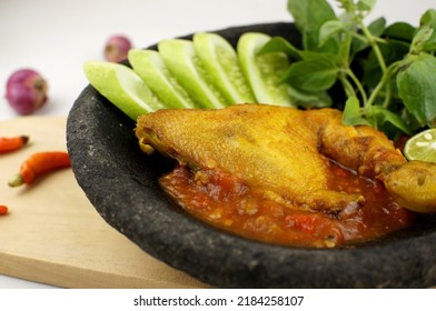 Indonesian Food - A Plates Of Delicious 'Ayam Penyet' With 'Sambal Dadak' - Local Flavor