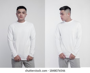 Indonesian Man Wearing White Long Sleeve T Shirt Posing At Plain Background