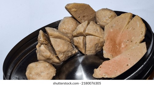 Indonesian Meat Balls ‘‘bakso” Homemade, On Stainless Steel Plate White Background