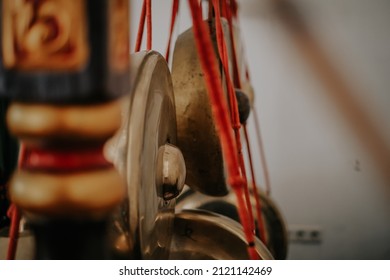 Indonesian musical instruments, Gamelan, drums and gongs. Background, space cross.