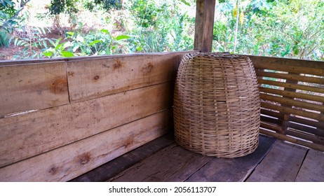 Indonesian Native Planter Basket Made From Woven Bamboo On The Farmer Hut. Handmade DIY Planter Basket Craft.