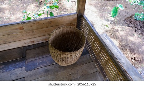 Indonesian Native Planter Basket Made From Woven Bamboo On The Farmer Hut. Handmade DIY Planter Basket Craft.