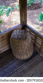 Indonesian Native Planter Basket Made From Woven Bamboo On The Farmer Hut. Handmade DIY Planter Basket Craft.