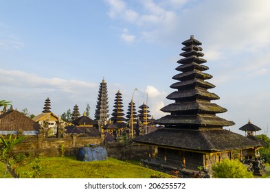 indonesian old temple pura Besakih on a cloudy sunset background. Bali.