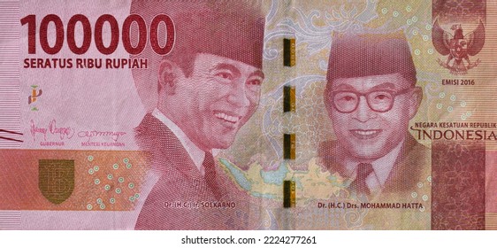 Indonesian rupiah banknotes series with the value of one hundred thousand rupiah IDR 100000 issue 2016. One hundred thousand rupiahs - Shutterstock ID 2224277261