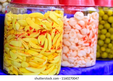 Indonesian Traditional Food: Asinan Bogor In Glass Jars, Mango And Salak