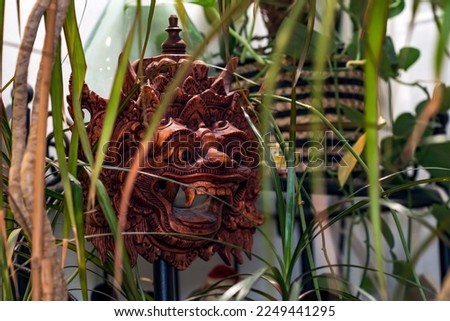 Indonesian wooden mask behind plants