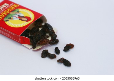 Indonesia-october 2021-Sun-Maid Raisin On Box Pacakging. Isolated On White Background And Space For Text.