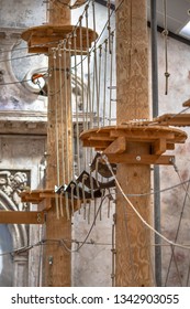 Indoor Adventure Park With Masts, Platforms And Climbing Ropes