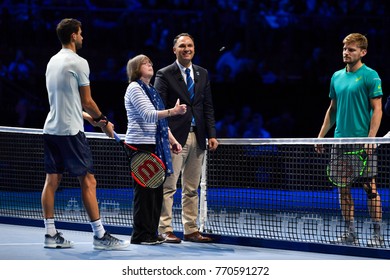 Indoor Arena O2, London, UK - Nov. 19, 2017: Moment Of Coin Toss In The Final Game Between Belgium's Tennis Player David Goffin And Bulgaria's Grigor Dimitrov During The Nitto ATP Finals 2017 