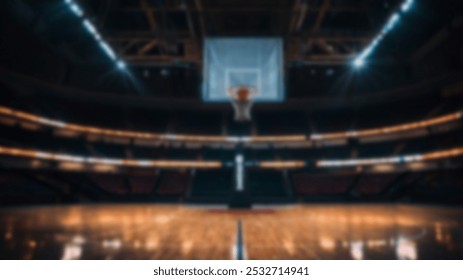 An indoor basketball court with dramatic lighting, shot from the center court towards the hoop. Empty arena, perfect for basketball events or background use. - Powered by Shutterstock