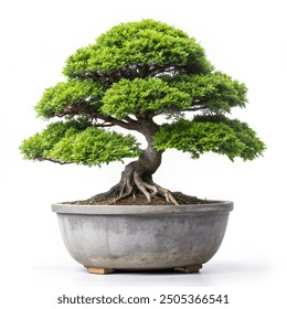 Indoor bonsai tree in a textured gray pot isolated against a pure white background - Powered by Shutterstock