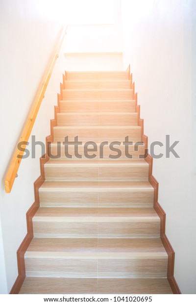 Indoor Concrete Staircase Wood Handrail White Stock Photo