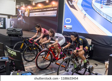 Indoor Cycling Racing Online Game Computer Race Show In International Bangkok Bike 2018 Bike Expo Fair In Thailand.Bangkok, Thailand 6 May 2018.